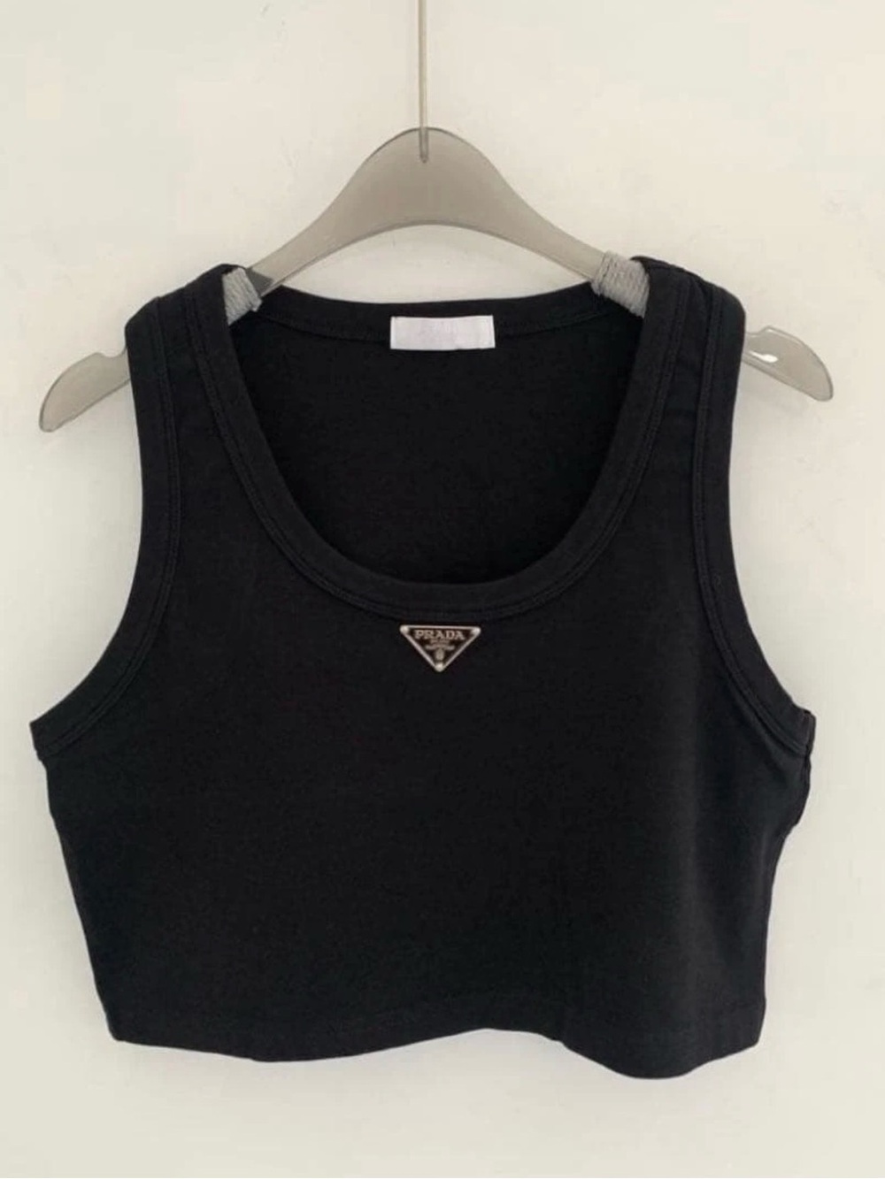 Prada Black Cropped Tank Top with Triangular Logo